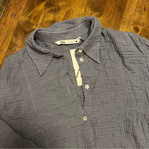 NWT Zara Relaxed Fit Gauzy Button Up Babydoll Shirt Dress XS Dusty Blue - Picture 3 of 11